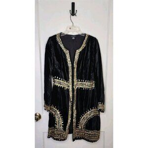 Size Small Boston Proper Crushed Black Velvet Gold Embellished Long Light Jacket